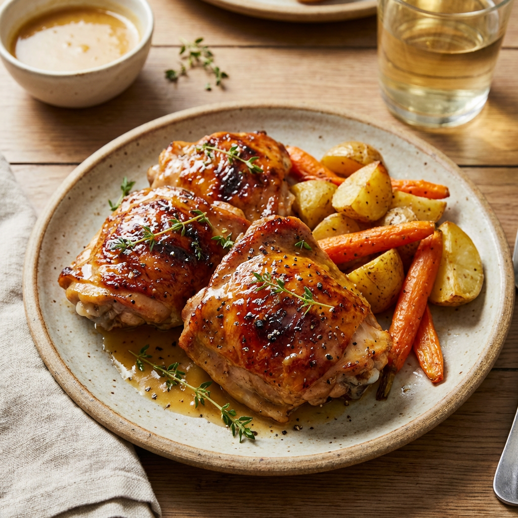 Three glazed chicken thighs served with roasted potatoes and carrots on a plate.