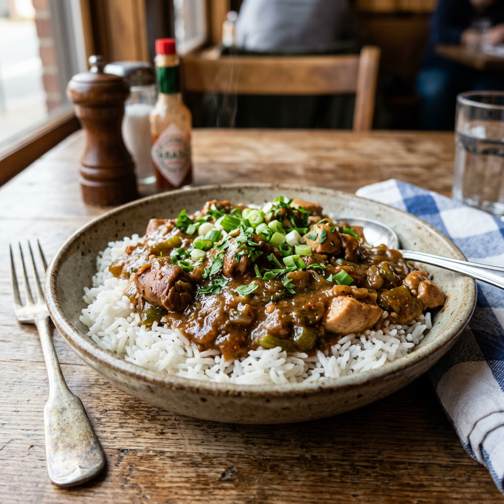 Bowl of chicken stew with sauce and chopped green herbs over white rice