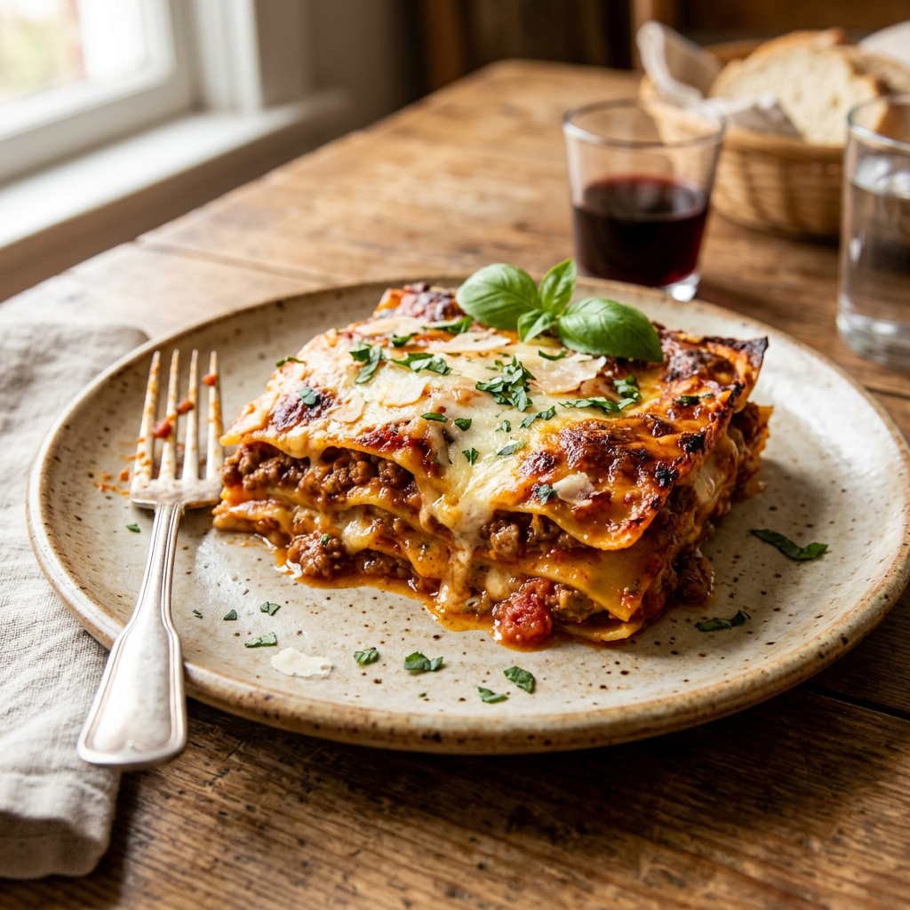 Slice of baked lasagna with beef, cheese, tomato sauce, and basil garnish on rustic plate