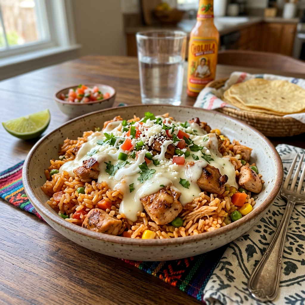 Bowl of Mexican rice with grilled chicken, melted cheese, pico de gallo, and cilantro
