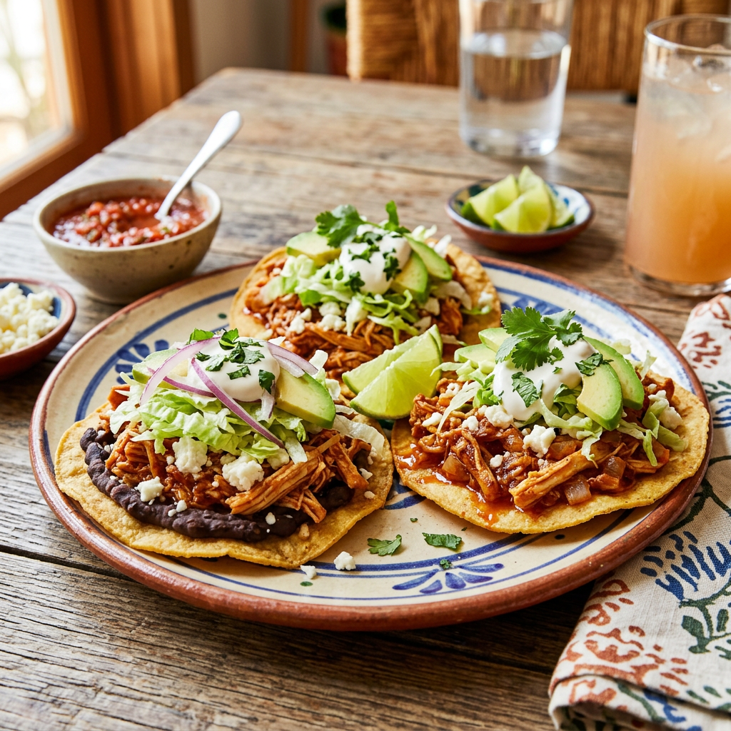 Three chicken tostadas with black beans, shredded chicken, avocado slices, lettuce, crema, and cheese with lime wedges on a plate