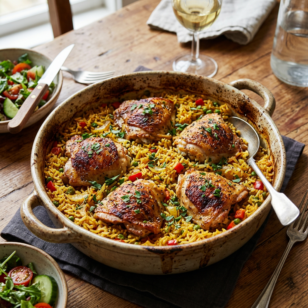 Casserole dish with five browned chicken thighs on yellow rice with peas and red bell peppers