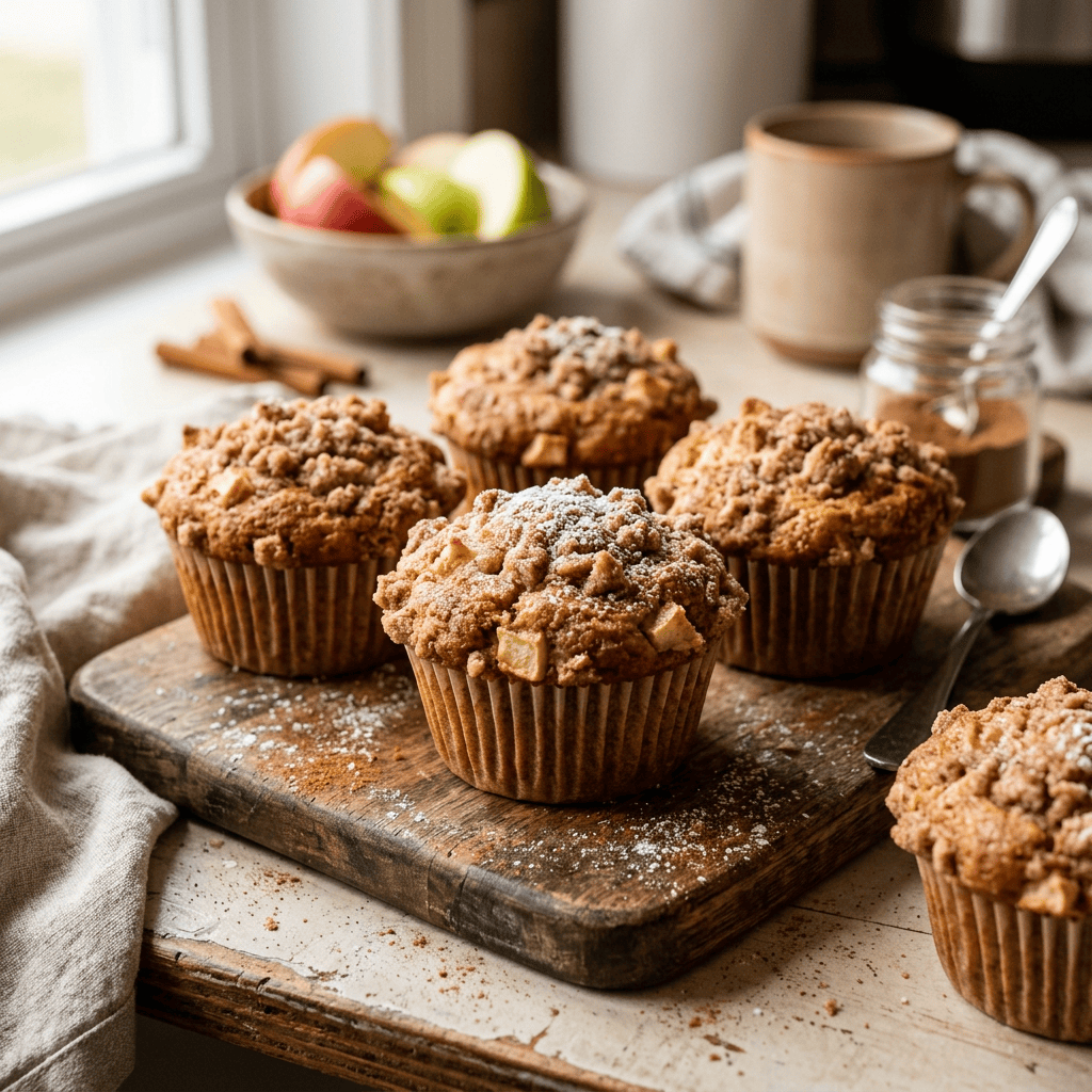 Five crumb-topped apple muffins arranged on a wooden board