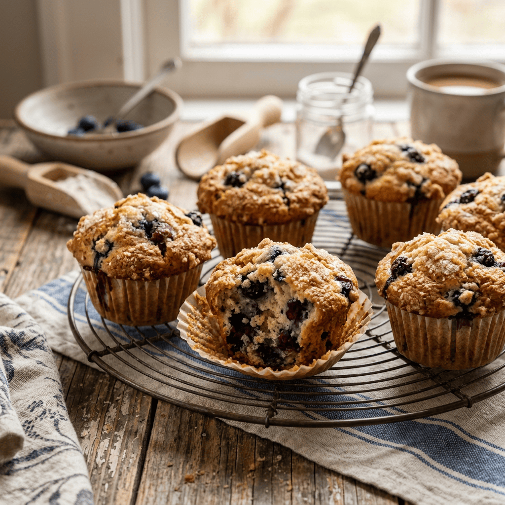 Six golden blueberry muffins with crumb topping on a cooling rack