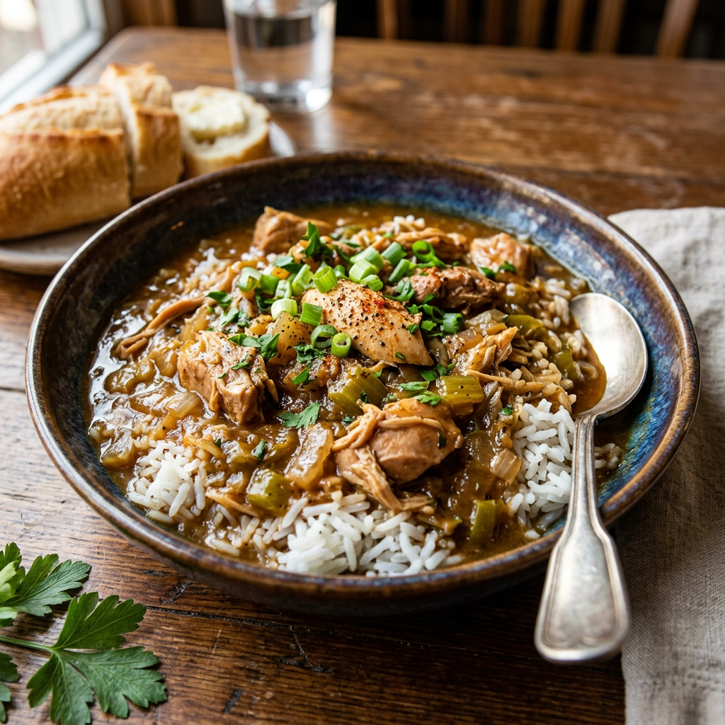 Bowl of chicken stew over white rice with bread and spoon