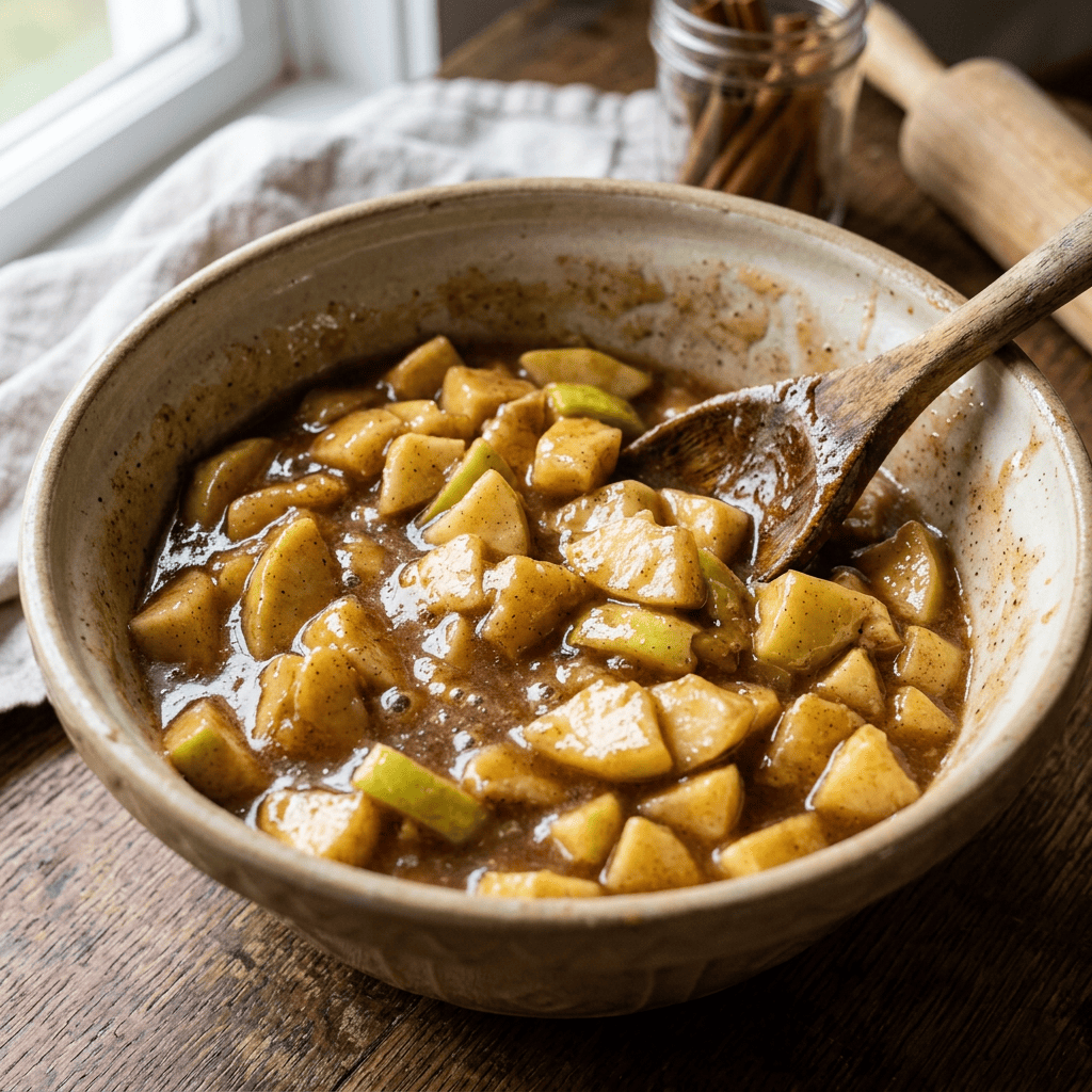 Bowl of chopped apples in glossy spiced sauce with wooden spoon